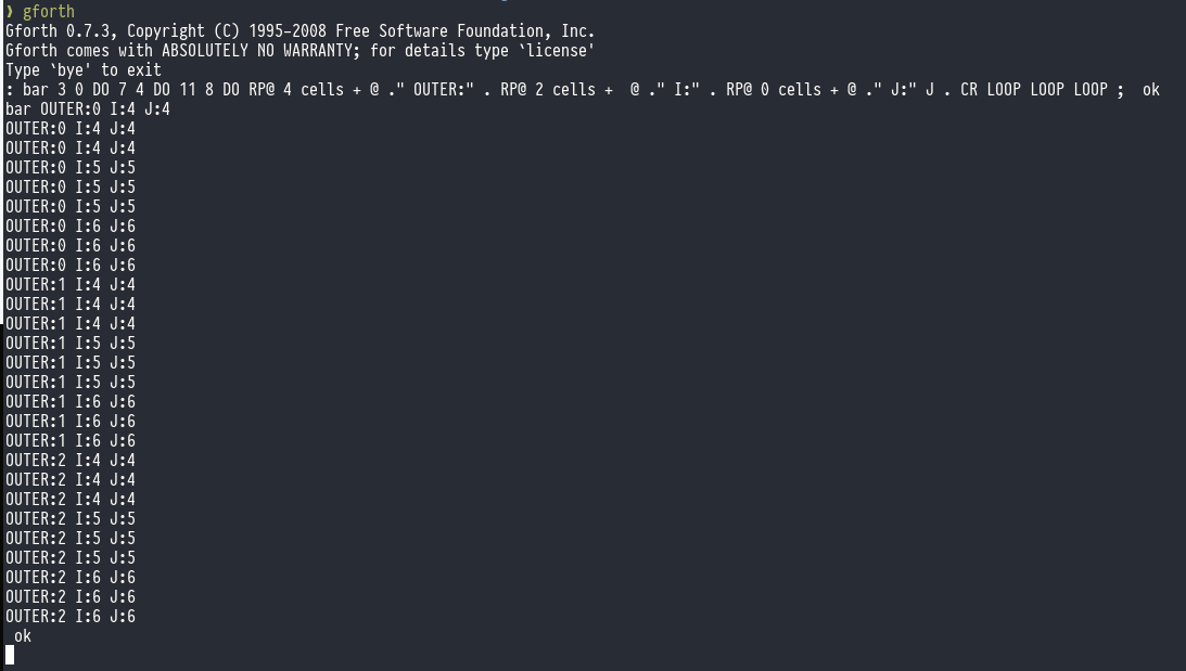 Three nested DO loops in GForth with hacks