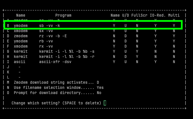Minicom Y-Modem settings