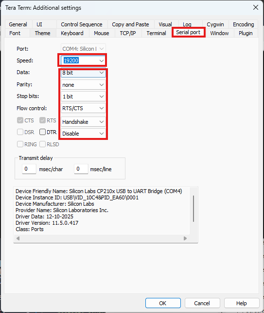 Teraterm serial port settings